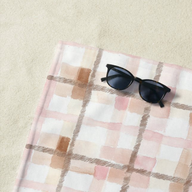 Serviette De Plage Pink Brown White Plaid Stripes (En situation)