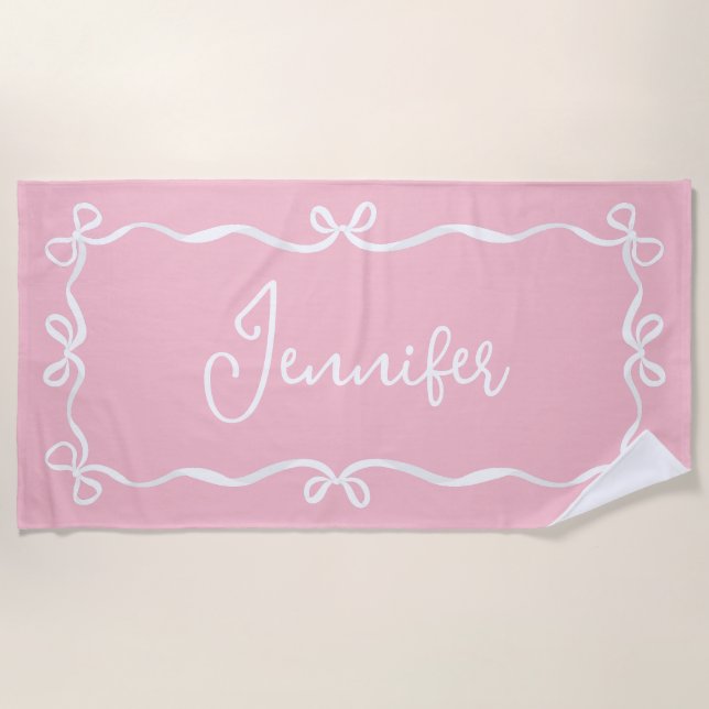 Serviette De Plage Pink Coquette Bows Beach Towne, Nom Personnalisé (Devant)