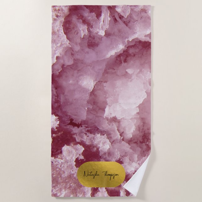 Serviette De Plage Pink Gold Foil Sea Crystals Signature Script (Devant)