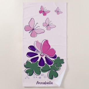 Serviette De Plage Pink Green Purple Doodles Blooms Papillons Nom