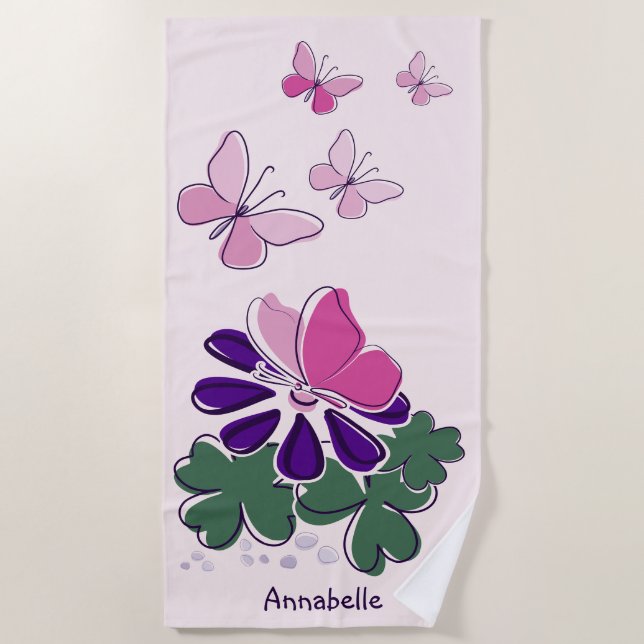 Serviette De Plage Pink Green Purple Doodles Blooms Papillons Nom (Devant)