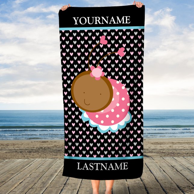 Serviette De Plage Pink Ladybug Hearts Nom et nom personnalisés (Créateur téléchargé)