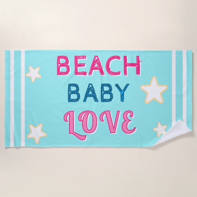 Serviette De Plage Pink Light Blue Beach Baby Love Stars (Devant)