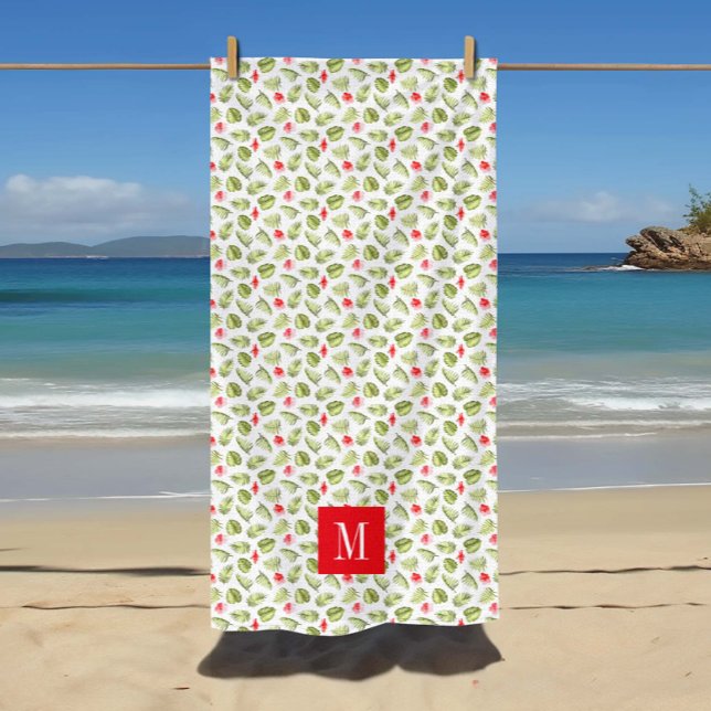Serviette De Plage Pink Monogramme Tropical Palm Feuille Motif (Pink Monogrammed Tropical Palm Leaves Pattern Beach Towel)