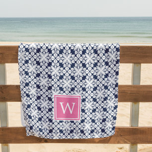 Serviette De Plage Pink & Navy Hawaiian Pattern Monogram