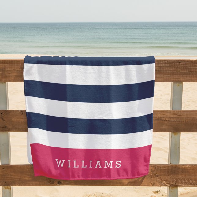 Serviette De Plage Pink & Navy Stripe Personalized (Créateur téléchargé)