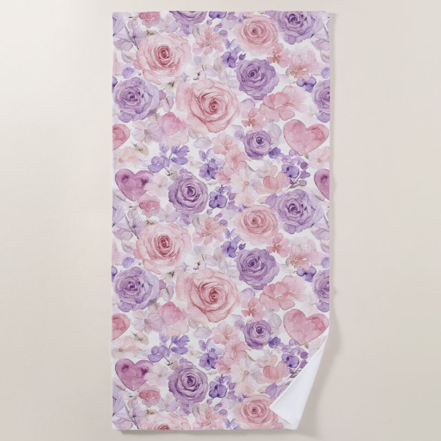 Serviette De Plage Pink Purple Blush Flowers Hearts Valentine's Day (Devant)