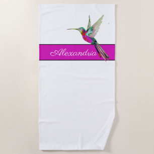 Serviette De Plage Pink Purple Hummingbird Nom du monogramme