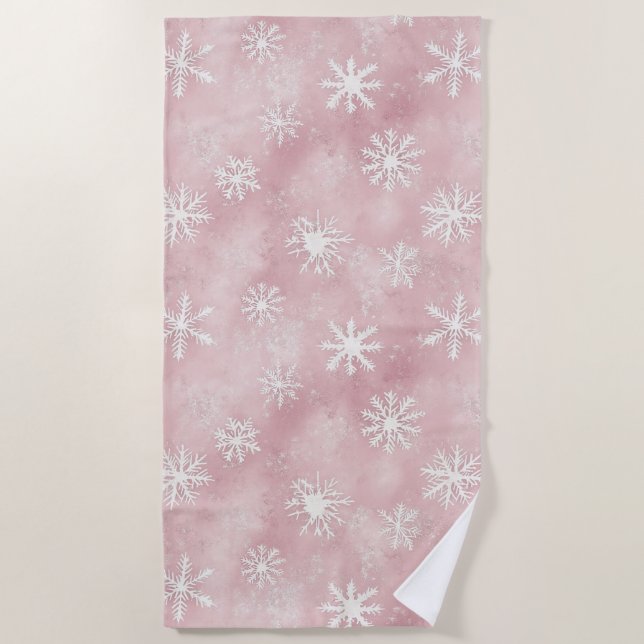 Serviette De Plage Pink White Snowflakes Christmas (Devant)