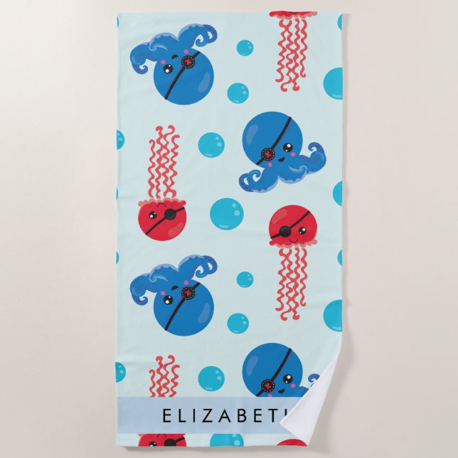 Serviette De Plage Pirate Octopus, Pirate Jellfish, Mer, Votre Nom (Devant)