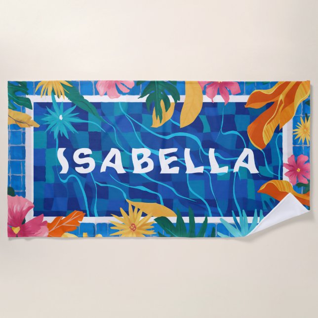 Serviette De Plage Piscine Bleue Vibrante & Fleurs personnalisables (Devant)