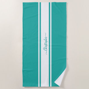 Serviette De Plage Piscine monogramme Turquoise moderne à rayures bla