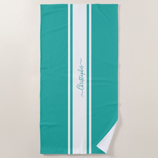 Serviette De Plage Piscine monogramme Turquoise moderne à rayures bla (Devant)