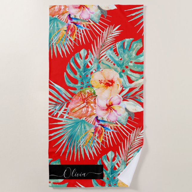 Serviette De Plage PixDezines Aquarelle Tropical Paradise Fleurs (Devant)
