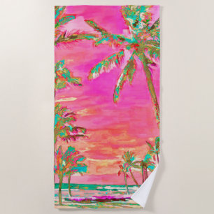 Serviette De Plage PixDezines Vintage Hawaiian Beach/Pink/Turquoise