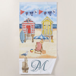 Serviette De Plage Plage amusante Scène été Océan Monogramme