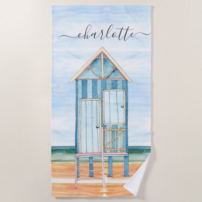 Serviette De Plage Plage aquarelle personnalisée Beach Hut Beach (Devant)