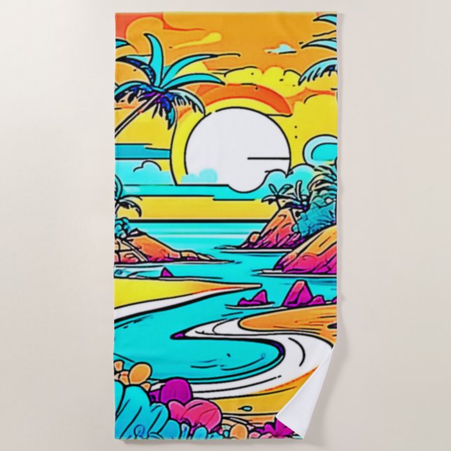Serviette De Plage Plage au coucher de soleil tropical vibrant (Devant)