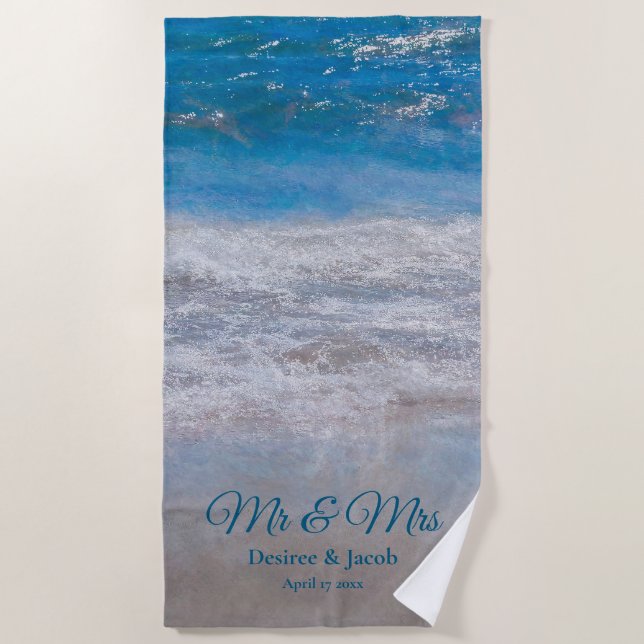 Serviette De Plage Plage Bleu Tropical Ocean Waves Mariage côtier (Devant)