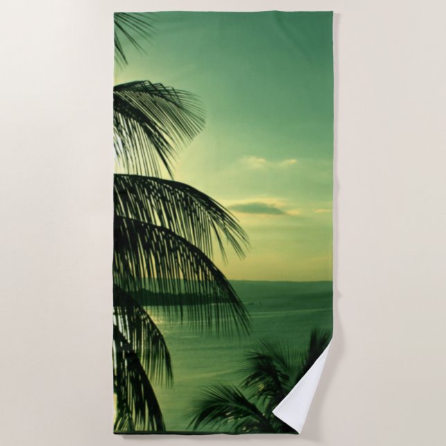 Serviette De Plage Plage Coucher de soleil Vert Ciel Mer Bleu Palme N (Devant)