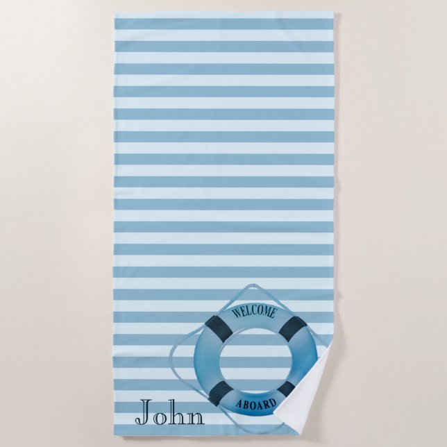 Serviette De Plage Plage Navy, rayé bleu - Personnalisé (Devant)