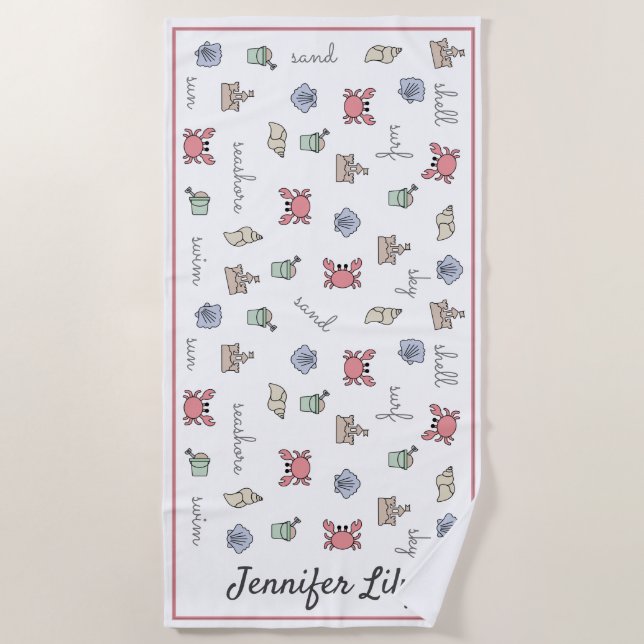 Serviette De Plage Plage personnalisée Château de sable Crabe Coquill (Devant)