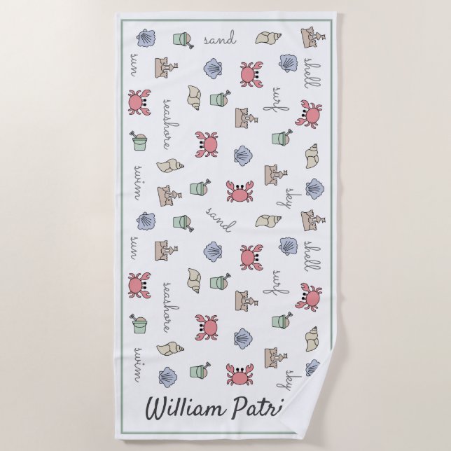 Serviette De Plage Plage personnalisée Château de sable Crabe Coquill (Devant)