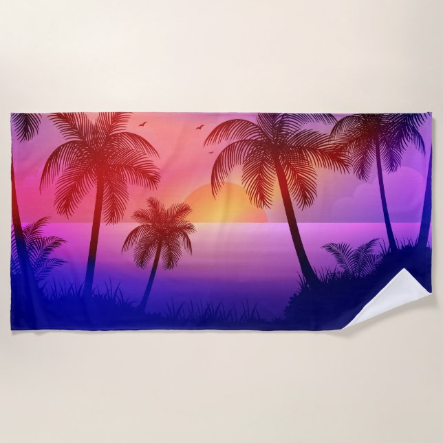 Serviette De Plage Plage tropicale violette au coucher du soleil (Devant)