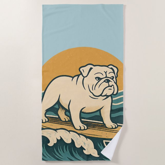 Serviette De Plage Planche de surf Surfer Dog Retro Bulldog Graphique (Devant)