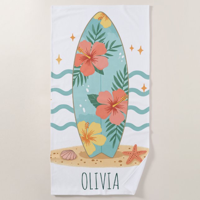 Serviette De Plage Planche de surf tropicale – Rêves d'hibiscus (Devant)