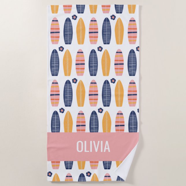 Serviette De Plage Planches de surf roses Surfs Up et fleurs (Devant)
