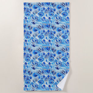 Serviette De Plage Plumes de paon bleu blanc