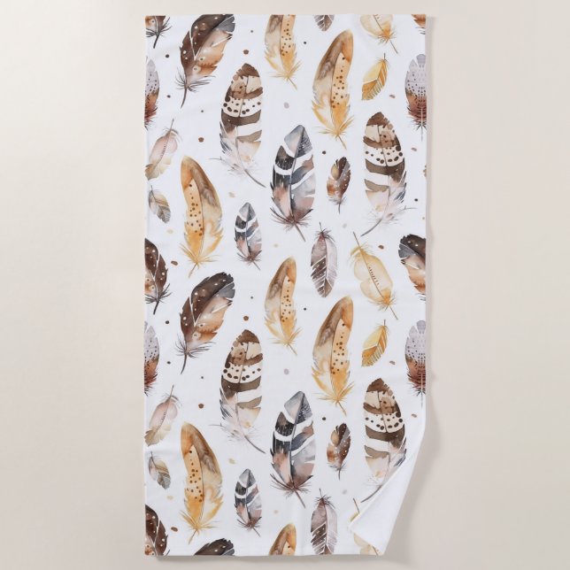 Serviette De Plage Plumes indigènes tribales à la crème Brown (Devant)
