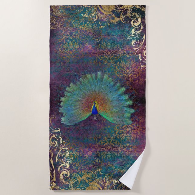 Serviette De Plage Plumes Peacock Purple Turquoise Gold Scrolls (Devant)