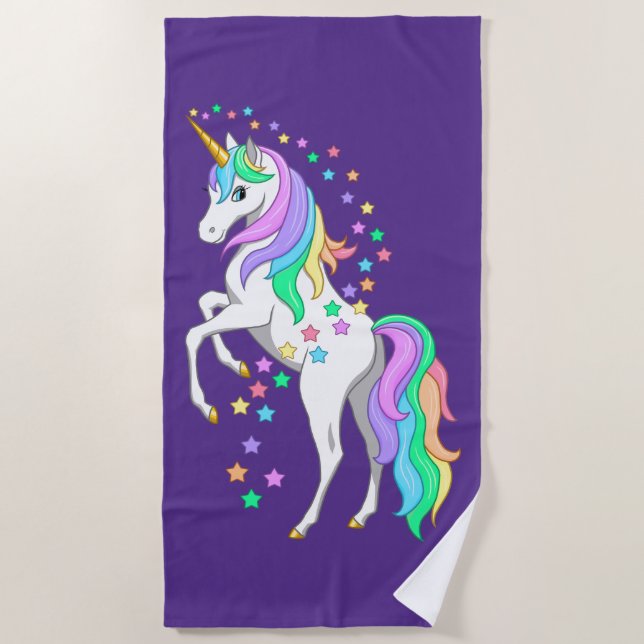 Serviette De Plage Plutôt Rearing Rainbow Unicorn Falling Stars (Devant)