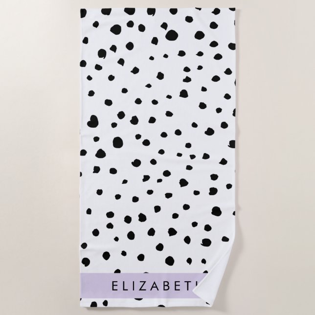 Serviette De Plage Points dalmatiens, Spots, Noir et Blanc, Votre nom (Devant)