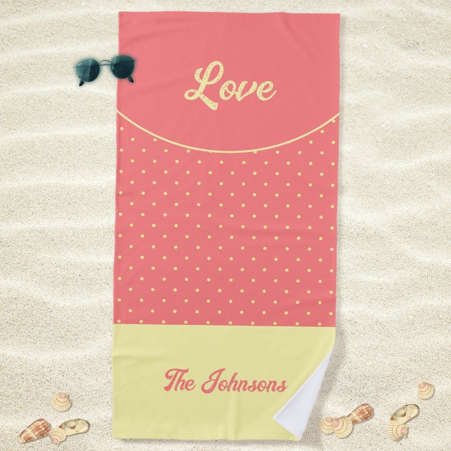 Serviette De Plage Points Rétro Jaune rose du milieu du siècle Aimer  (Love Pink Retro Dots Yellow Mid Century Beach Towel ©Susanne Sachers - Sunny Mind Design)