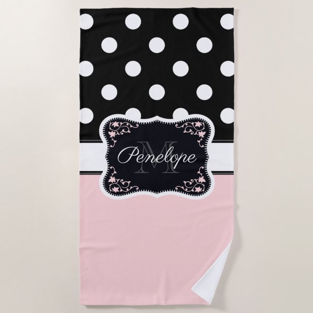 Serviette De Plage Points roses et noirs (Devant)