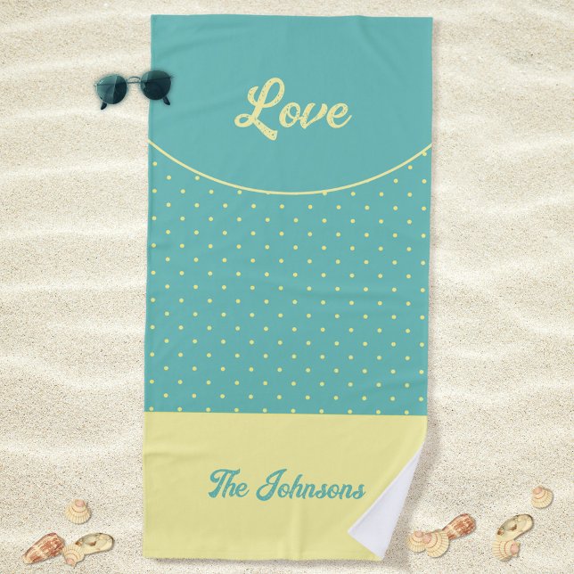 Serviette De Plage Points Turquoise Mi-Siècle Jaune Rétro Été (Love Turquoise Retro Dots Yellow Mid Century 50s Beach Towel ©Susanne Sachers - Sunny Mind Design)