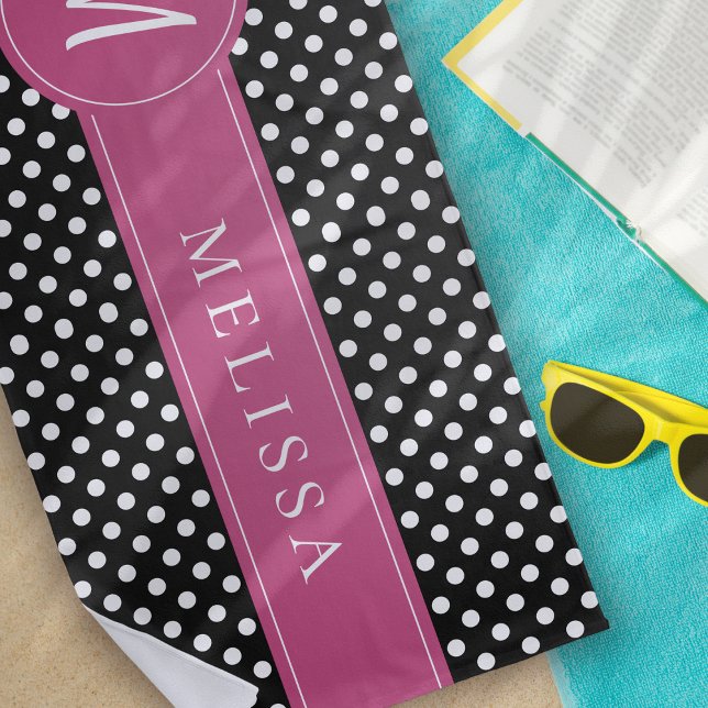 Serviette De Plage Pois de Monogramme blanc rose noir (Créateur téléchargé)