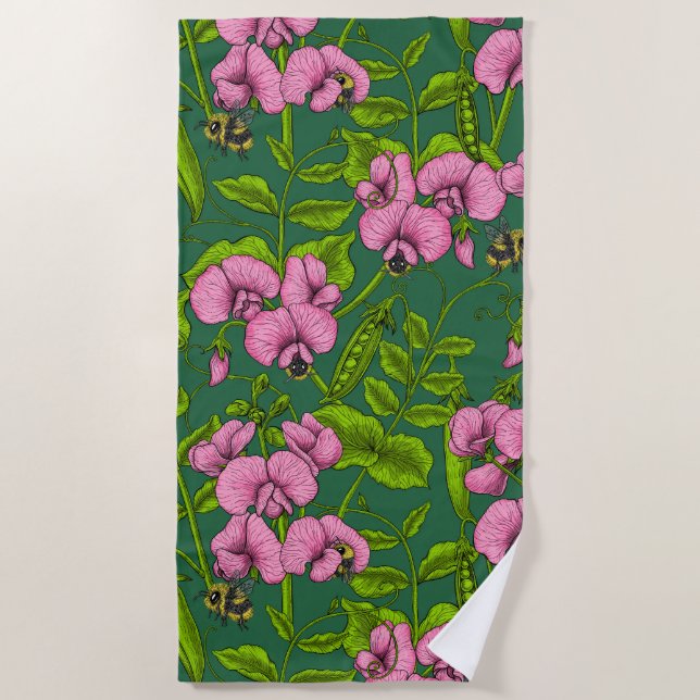 Serviette De Plage Pois doux et bourdons, vert et rose (Devant)