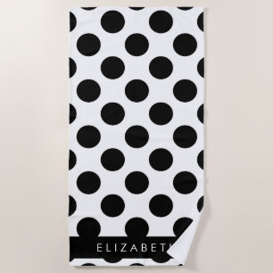 Serviette De Plage Pois noirs et blancs, pointillés, Votre nom