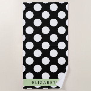 Serviette De Plage Pois noirs et blancs, pointillés, Votre nom