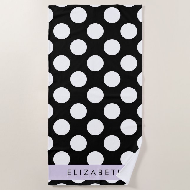 Serviette De Plage Pois noirs et blancs, pointillés, Votre nom (Devant)