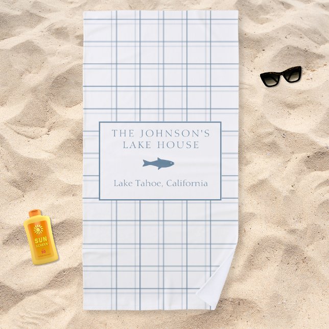 Serviette De Plage Poisson Bleu de la Maison de Lac Plaid Classable (Relax at the lake with our personalized beach towel, perfect for a cozy day by the water.)