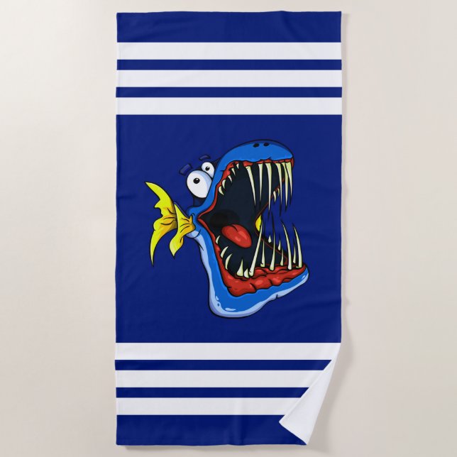Serviette De Plage Poisson bleu Piranha sur les bandes bleu et blanc  (Devant)
