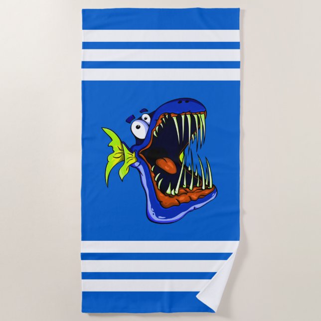 Serviette De Plage Poisson Piranha Bleu sur Rayures Blanches et Bleue (Devant)