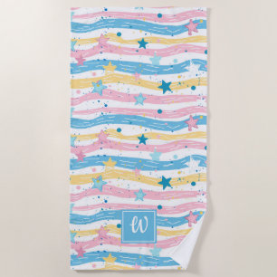 Serviette De Plage Poisson rose bleu turquoise étoile rayé Monogramme