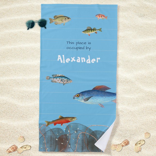 Serviette De Plage Poisson sous-marin rayé Moderne Votre nom (Underwater Fish Striped Modern Your Name Beach Towel ©Susanne Sachers - Sunny Mind Design 🌞)