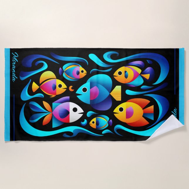 Serviette De Plage Poisson Tropical Moderne Personnalisable (Devant)